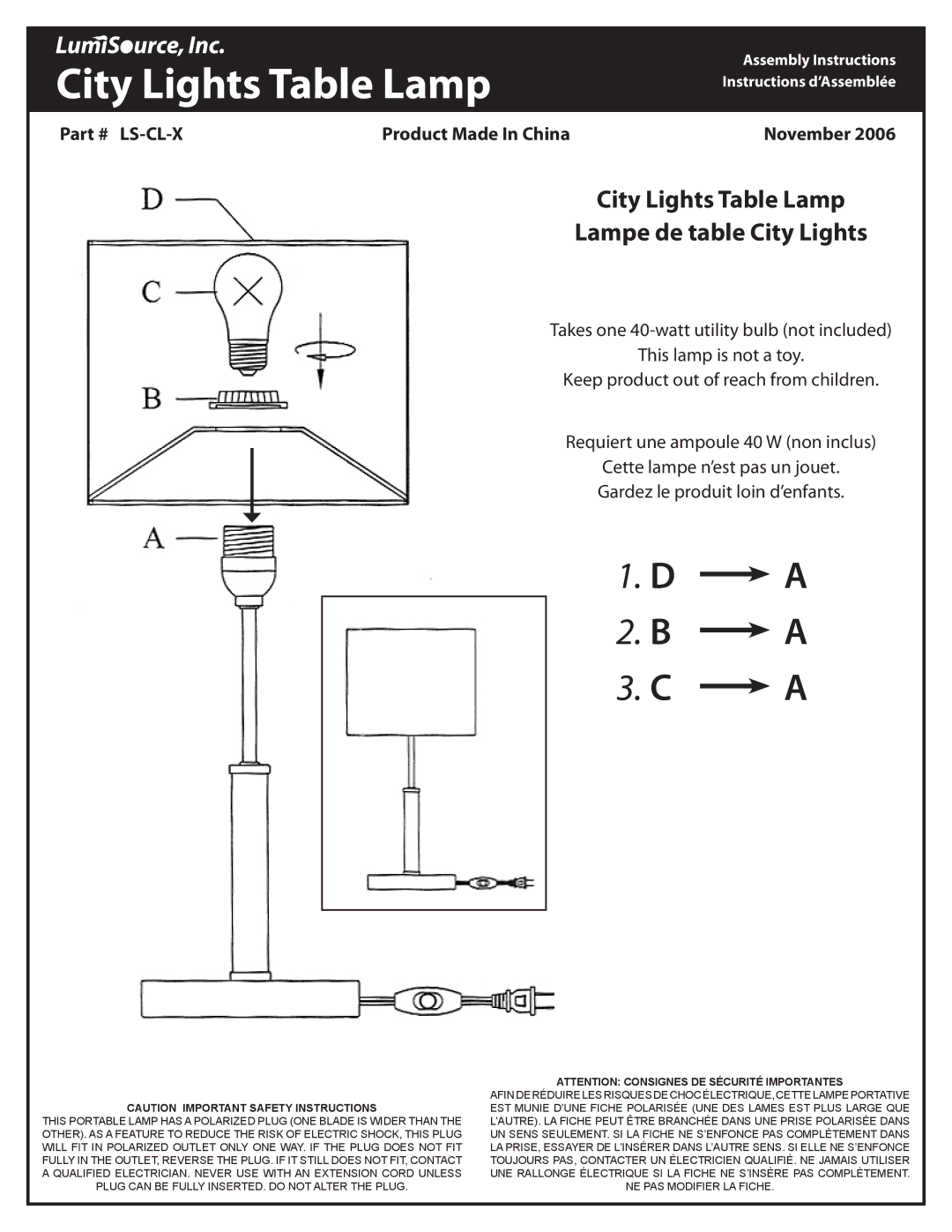 LumiSource LS-CL-X important safety instructions City Lights Table Lamp Lampe de table City Lights 