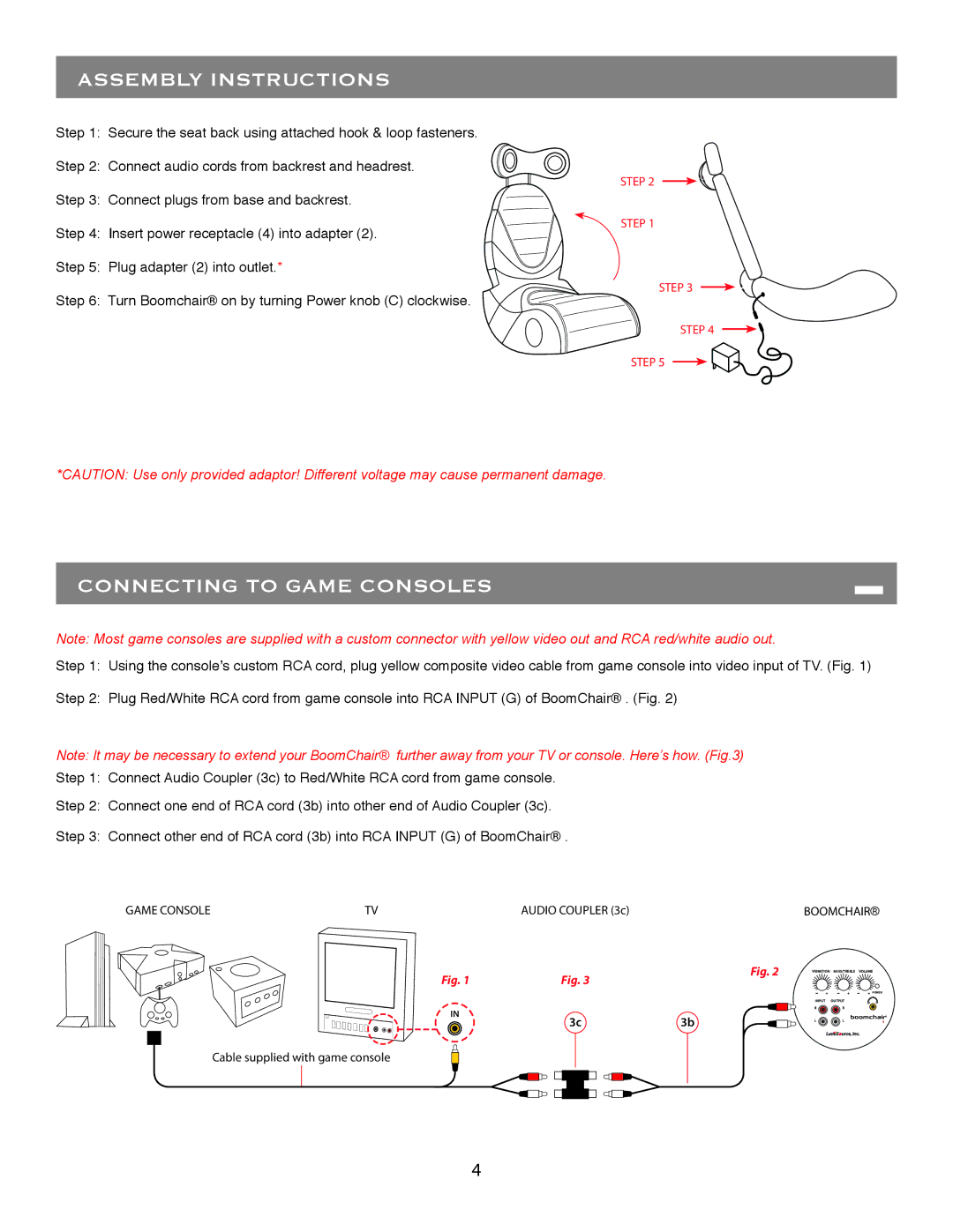 LumiSource Video Game Furniture owner manual Assembly Instructions, Connecting to Game Consoles 