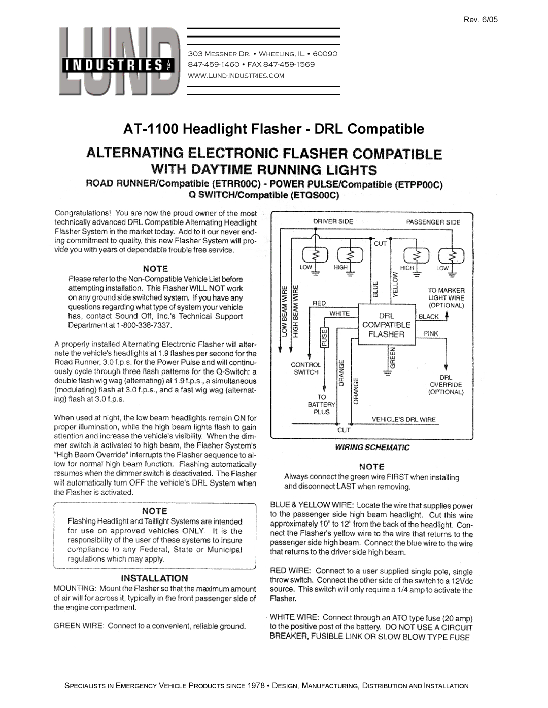 Lund Industries manual AT-1100 Headlight Flasher DRL Compatible 