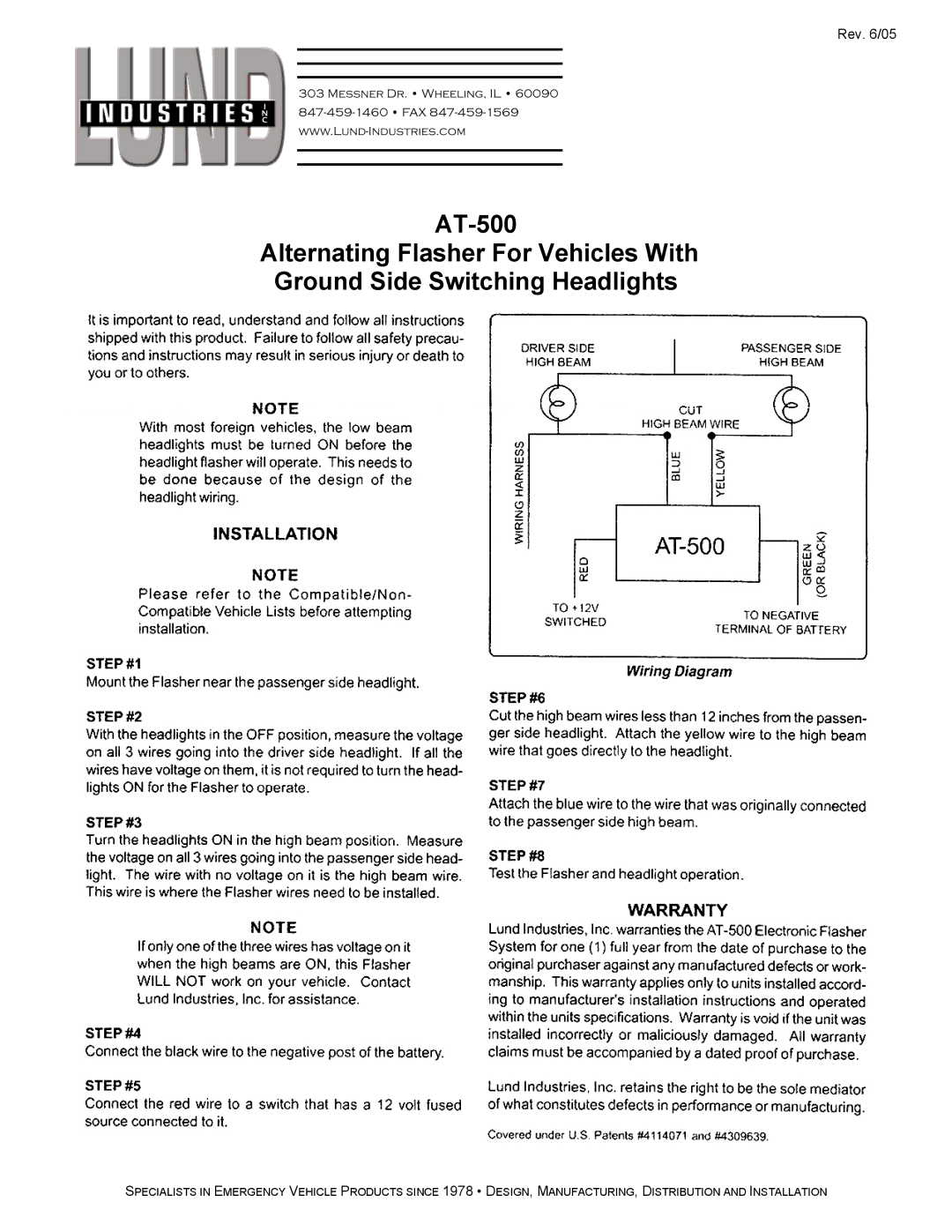 Lund Industries AT-500 manual Rev /05 