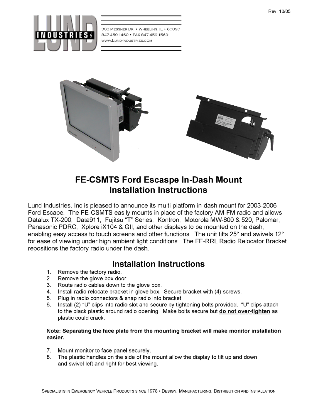 Lund Industries FE-CSMTS installation instructions Installation Instructions 