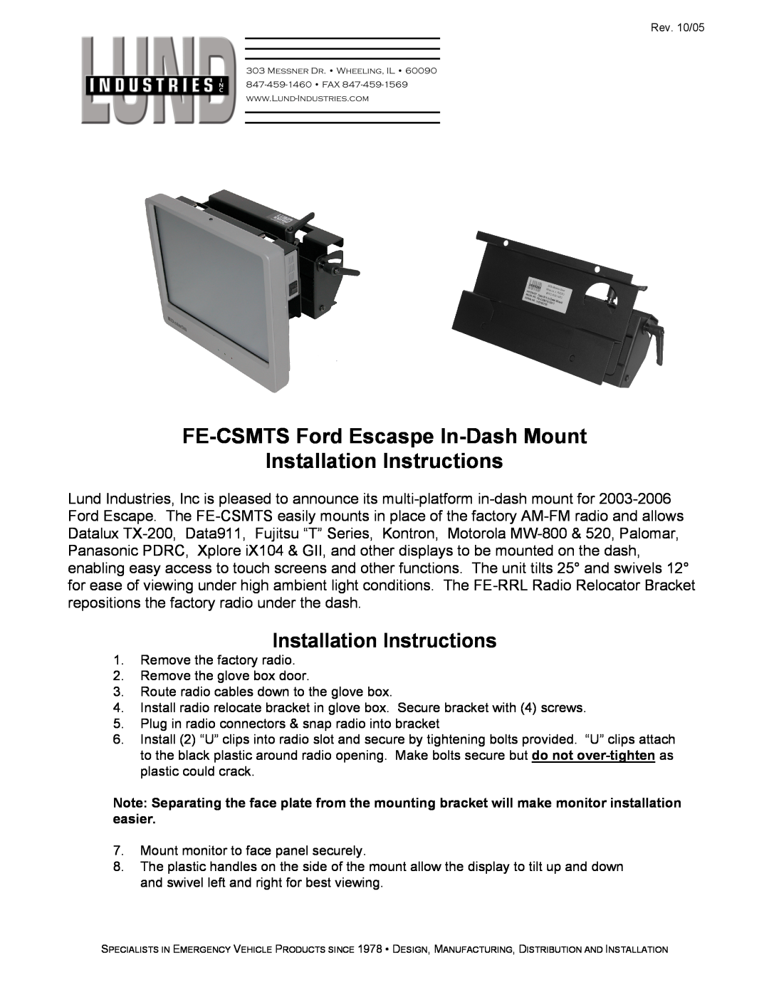 Lund Industries installation instructions FE-CSMTS Ford Escaspe In-Dash Mount Installation Instructions 