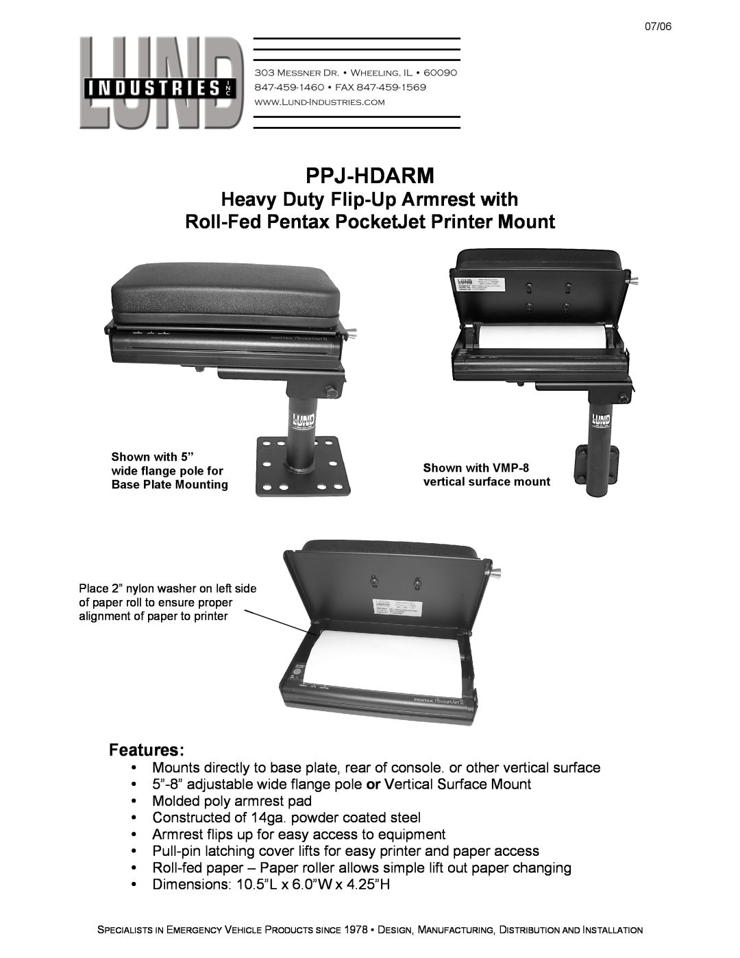 Lund Industries PPJ-HDARM dimensions Ppj-Hdarm, Heavy Duty Flip-Up Armrest with, Roll-Fed Pentax PocketJet Printer Mount 