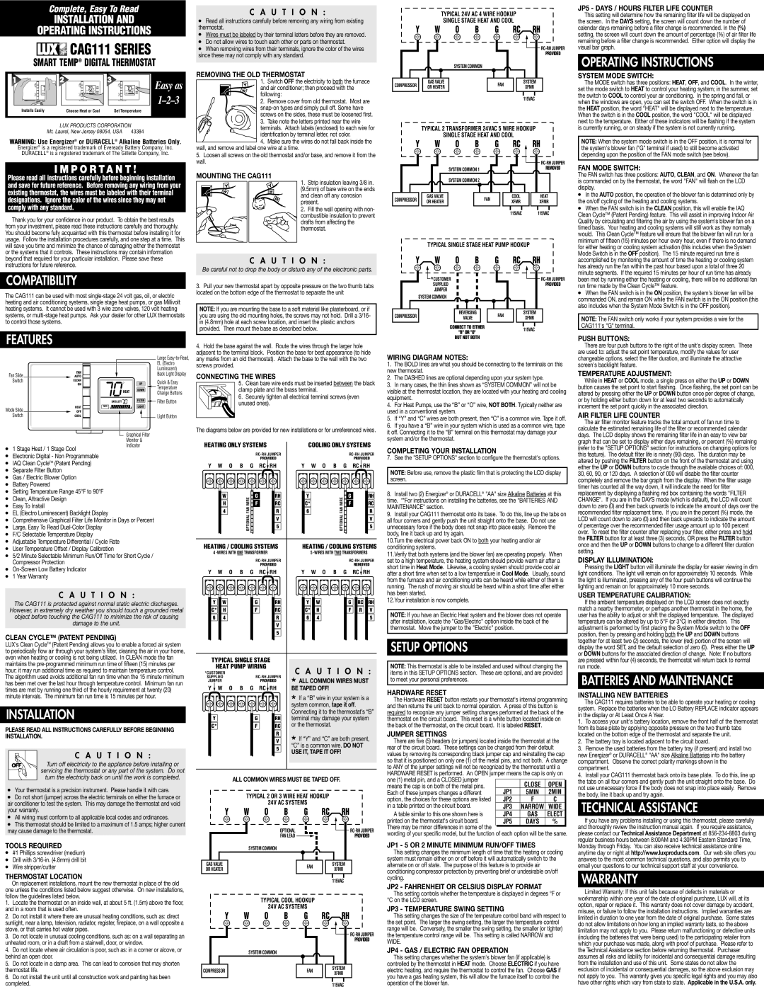 Lux Products CAG111 operating instructions Compatibility, Features, Installation, Setup Options, Operating Instructions 