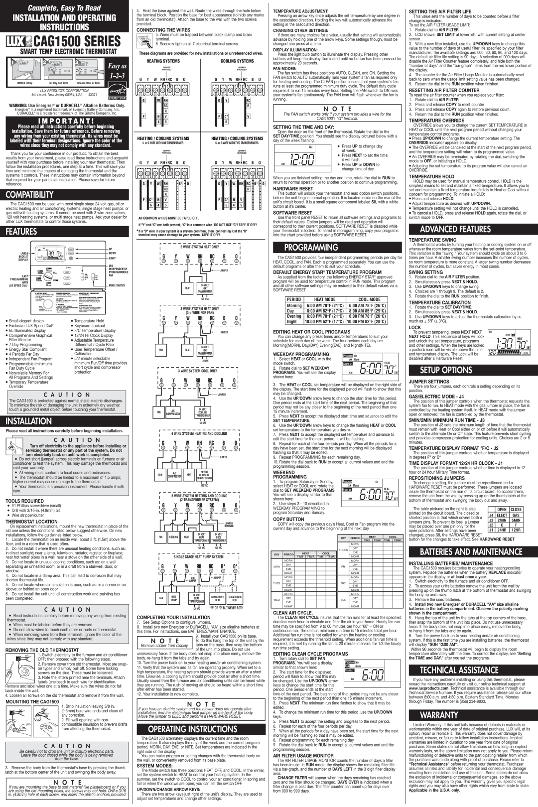 Lux Products operating instructions CAG1500 SERIES, 130 70 SET, Set, Instructions, Compatibility, Features, Programming 