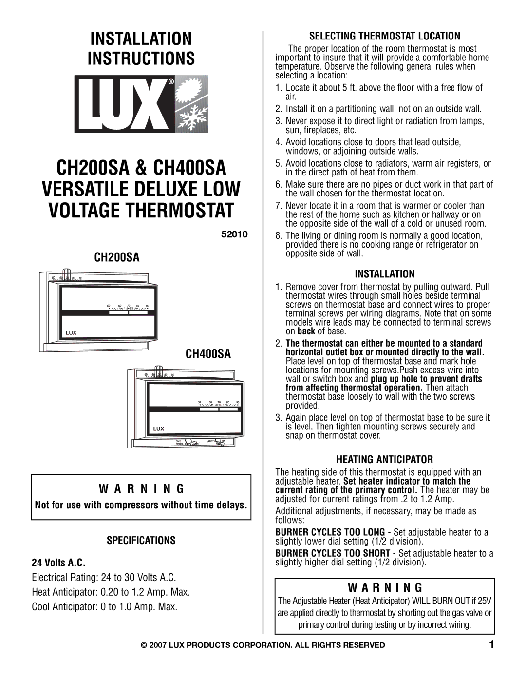 Lux Products CH200SA specifications CH400SA, R N I N G 