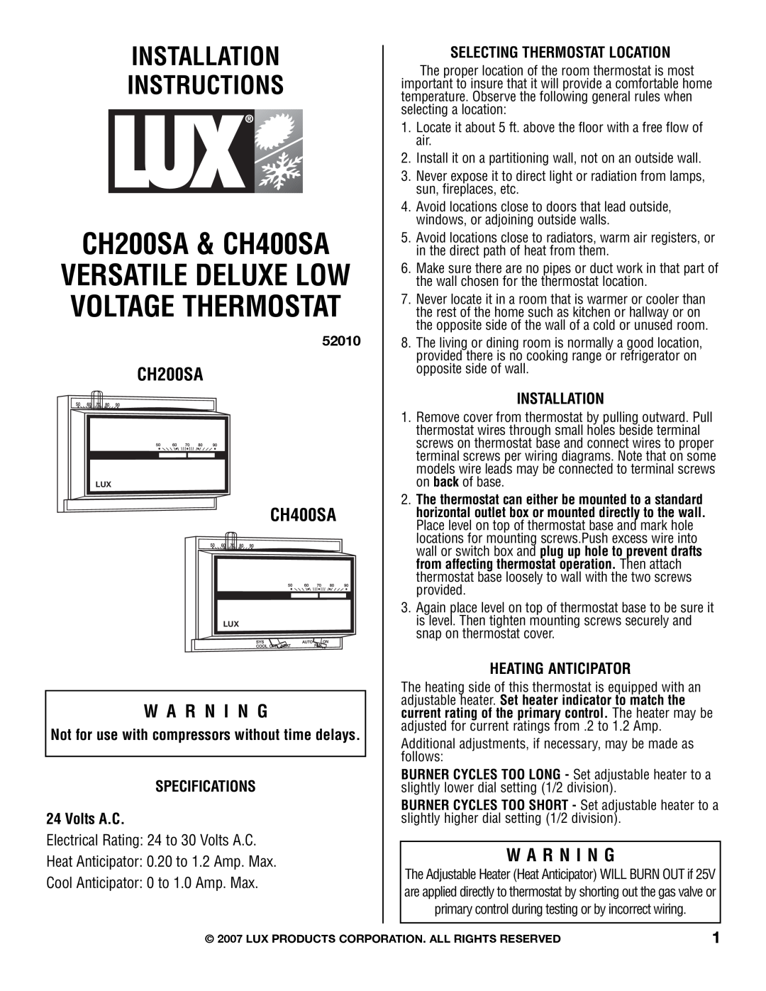 Lux Products CH200SA specifications CH400SA, W A R N I N G, 52010, Not for use with compressors without time delays 