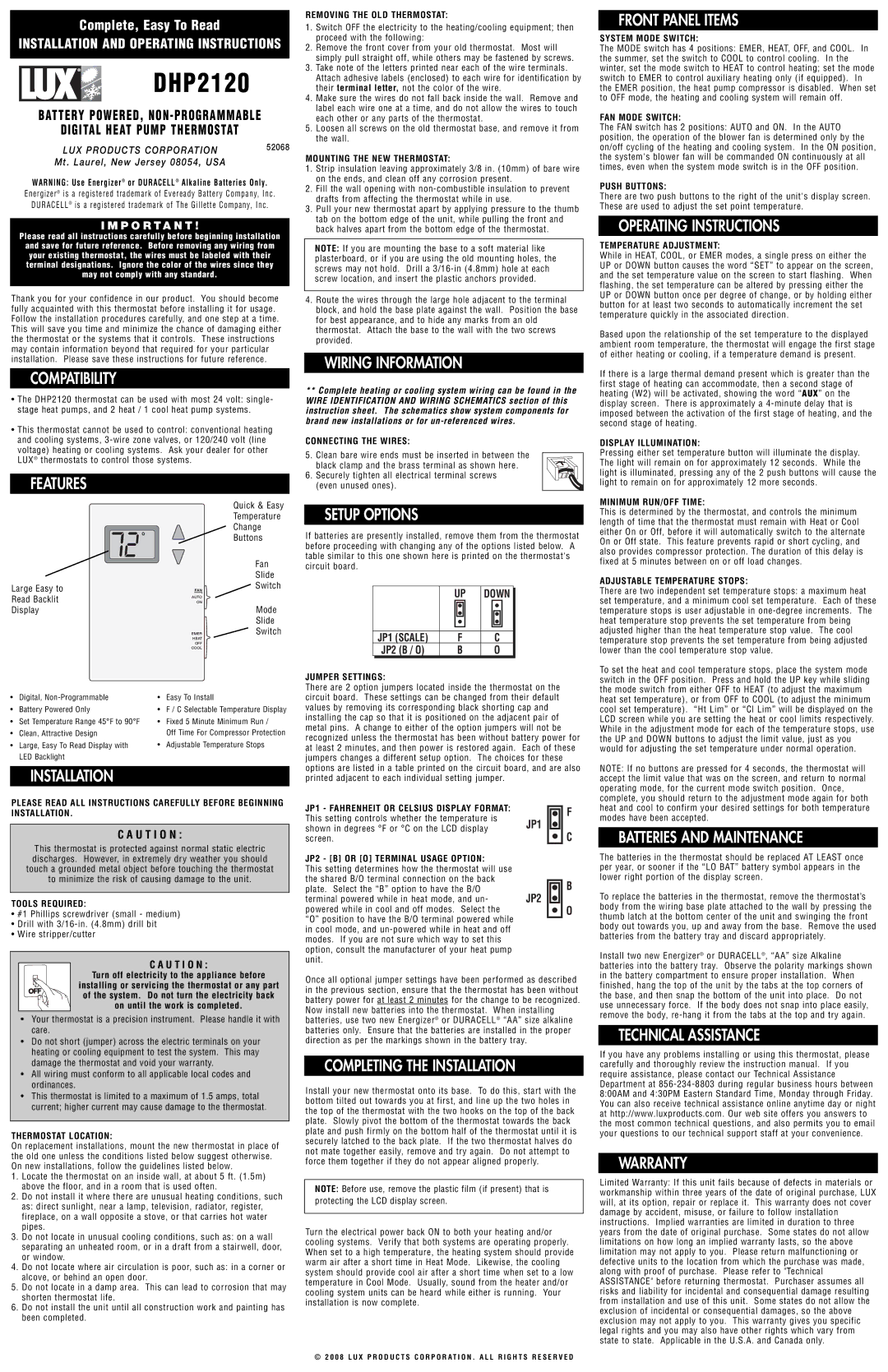 Lux Products DHP2120 warranty Compatibility, Features, Installation, Wiring Information, Setup Options, Front Panel Items 