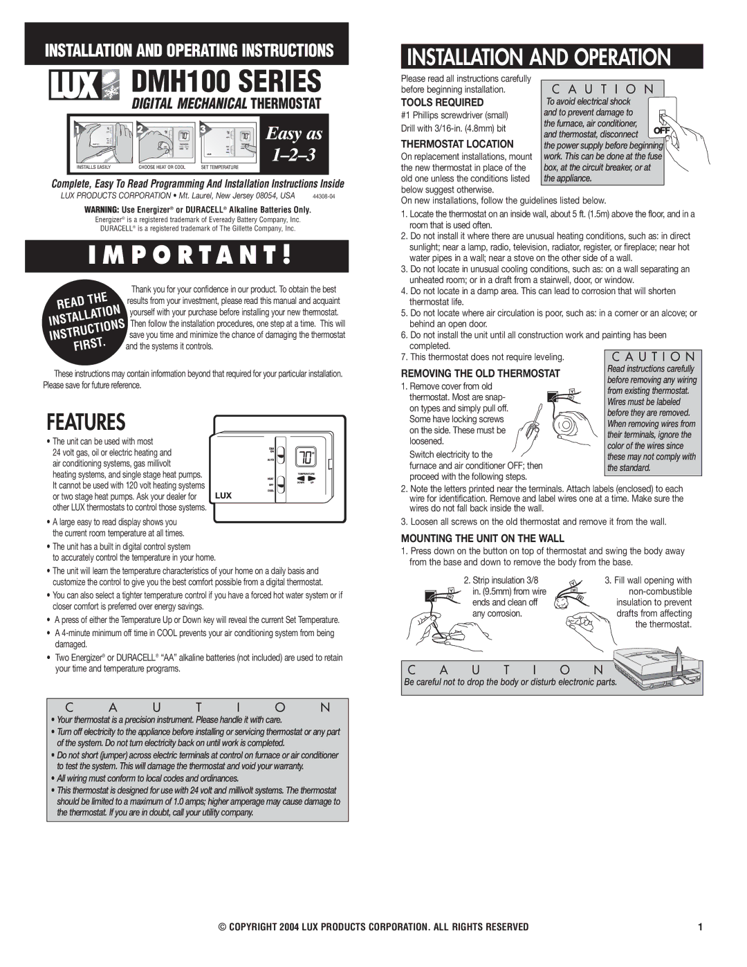 Lux Products DMH100 Series installation instructions Installation and Operation, Tools Required, Thermostat Location 