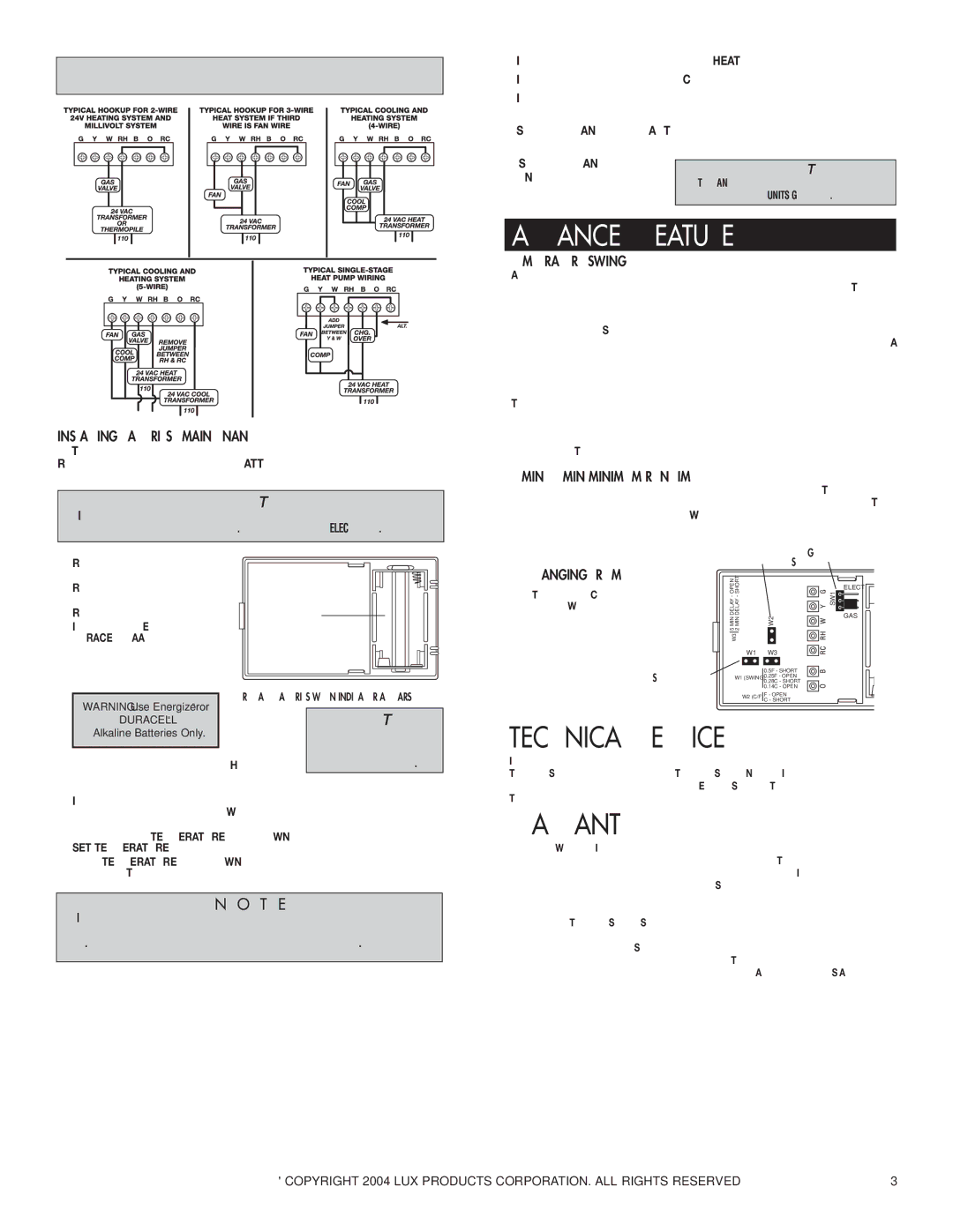 Lux Products DMH100 Series Advanced Features, Installing BATTERIES/ Maintenance, Temperature Swing, Changing from F to C 