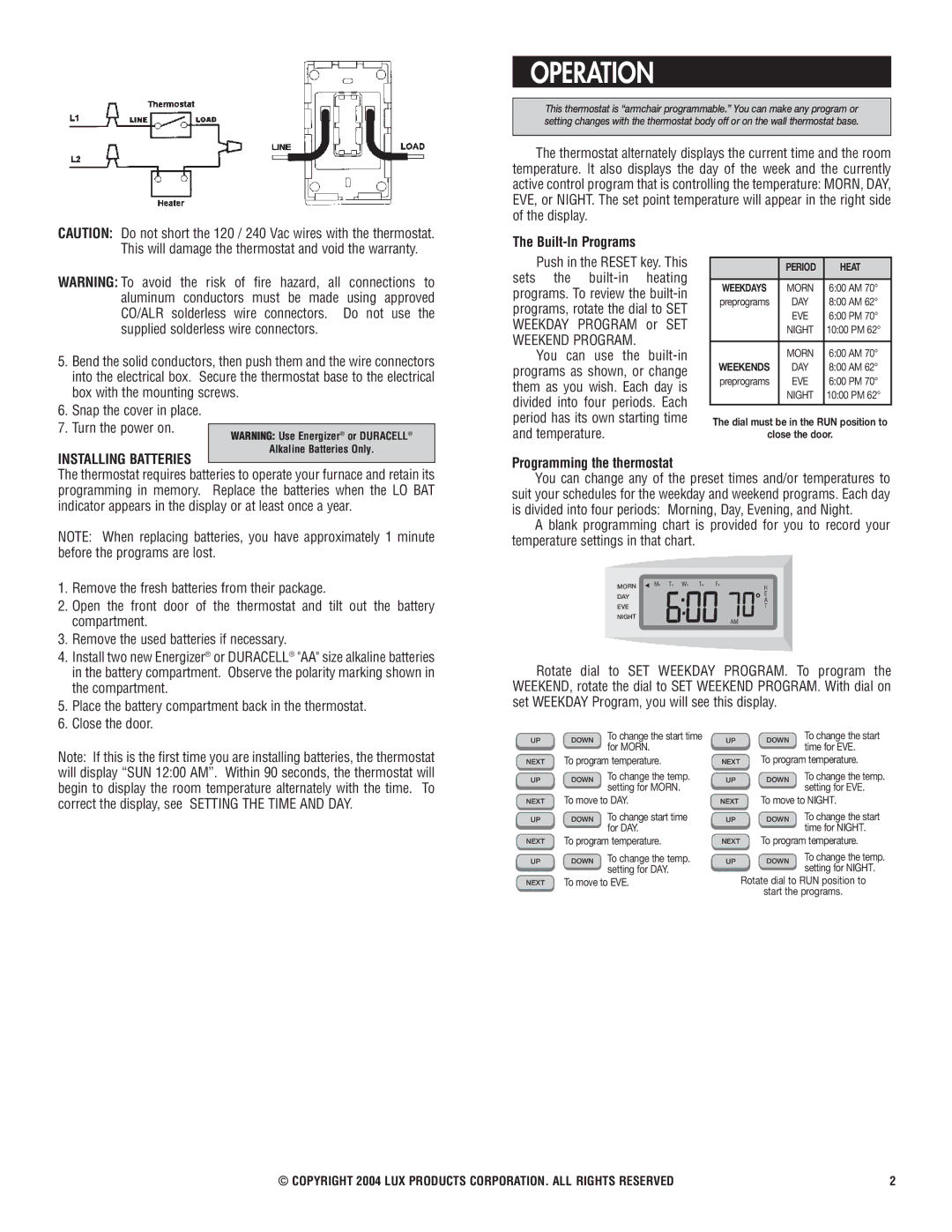 Lux Products ELV1/PSPLV510 Operation, Built-In Programs, Installing Batteries, Programming the thermostat 