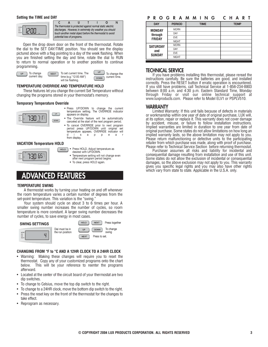 Lux Products ELV1/PSPLV510 Advanced Features, Temperature Override and Temperature Hold, Temperature Swing, Swing Settings 