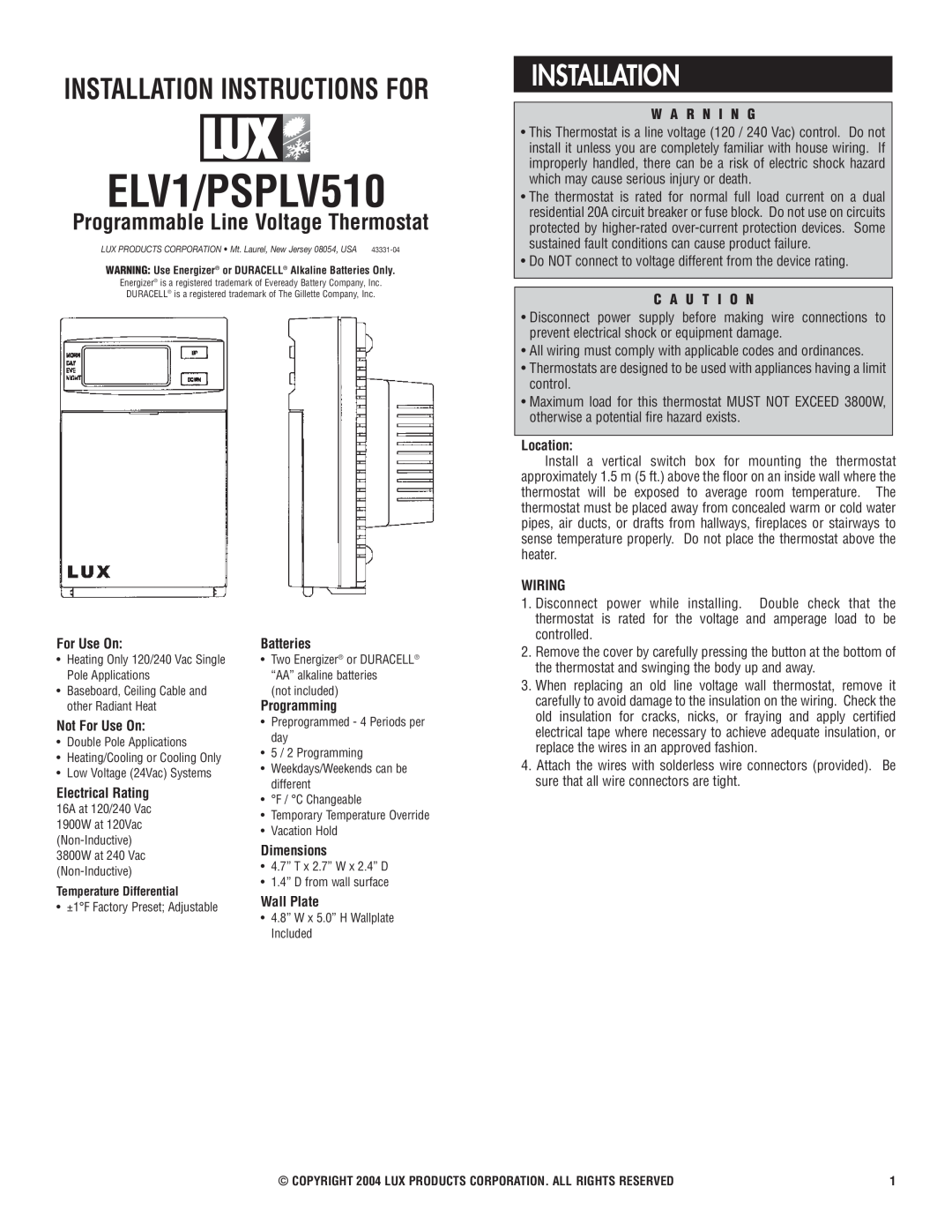Lux Products ELV1/PSPLV510 installation instructions Installation Instructions For 
