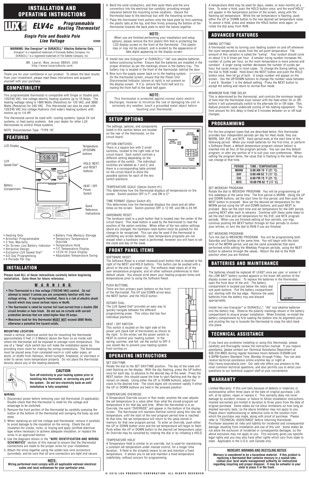 Lux Products ELV4C operating instructions Compatibility, Advanced Features, Features Setup Options, Programming 