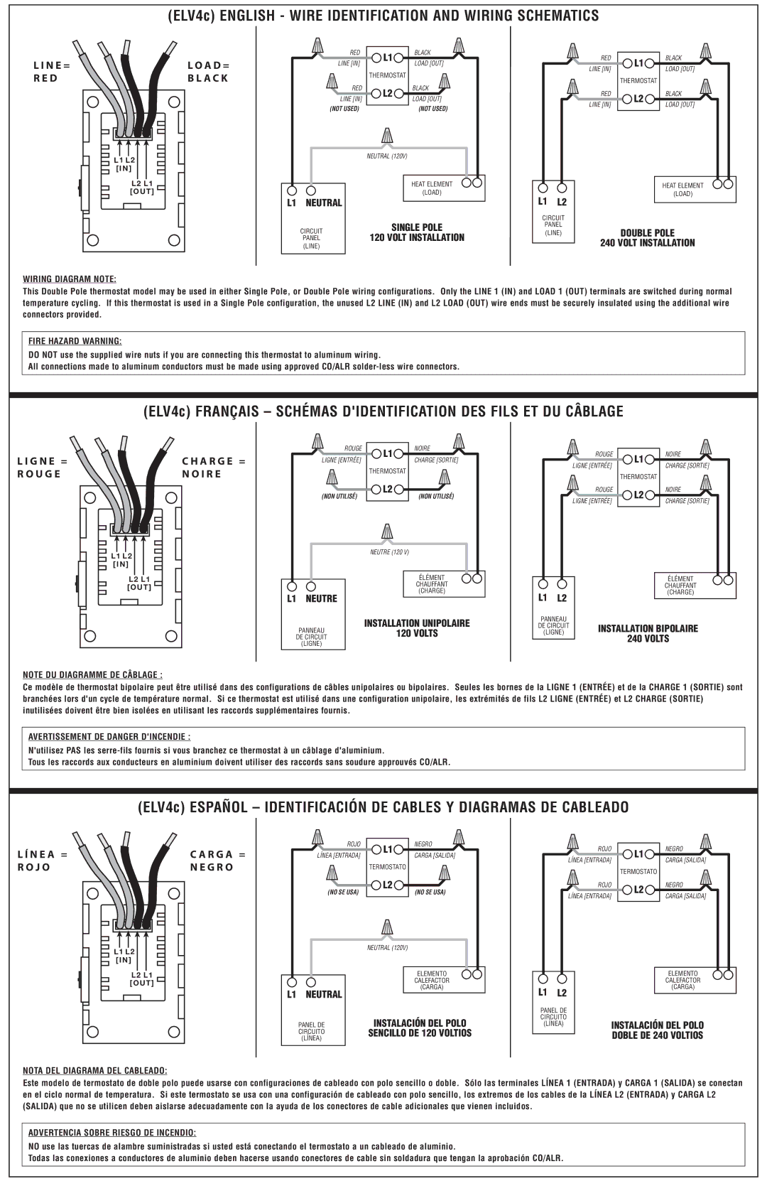 Lux Products ELV4C L1 Neutral, Wiring Diagram Note, Fire Hazard Warning, Avertissement DE Danger Dincendie 