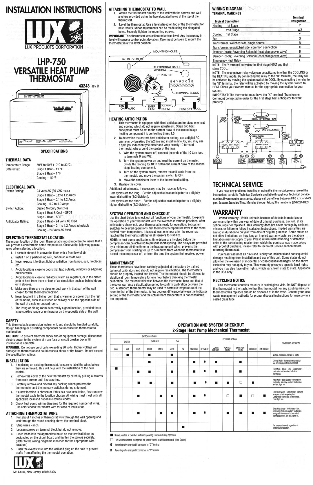 Lux Products LHP-750 manual 