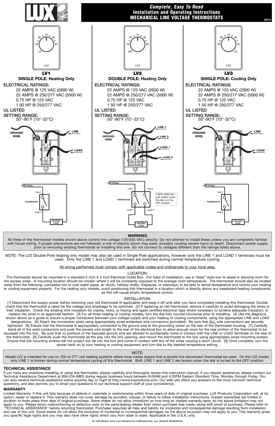 Lux Products LV1 warranty LV2, LV3 