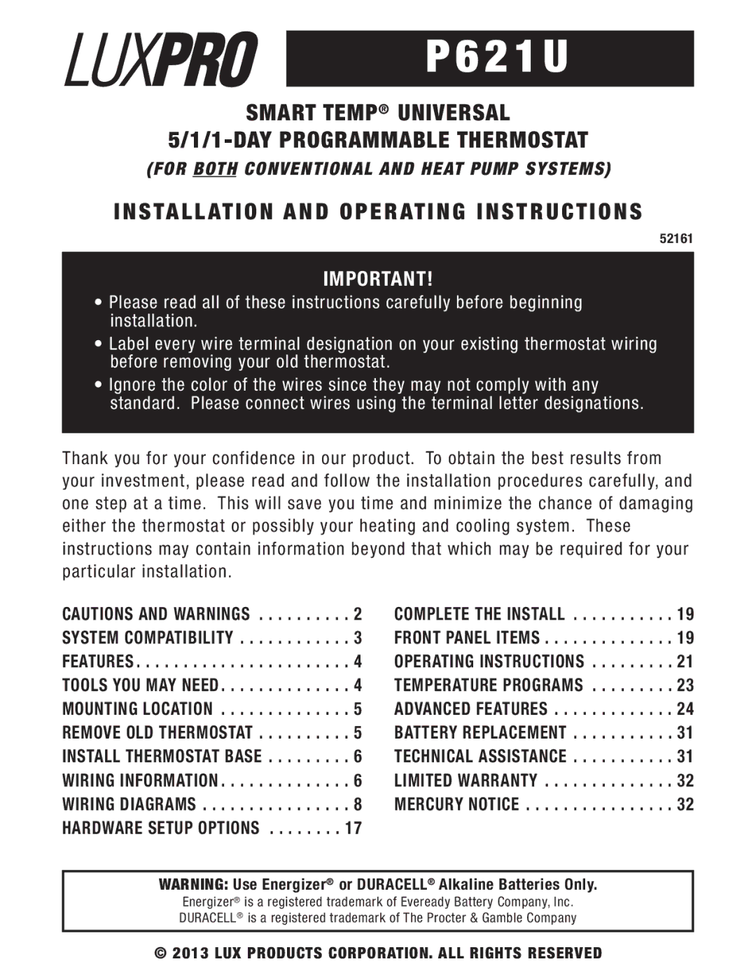 Lux Products P621U operating instructions 2 1 U 