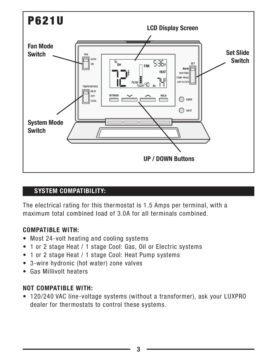 Lux Products P621U operating instructions System Compatibility 