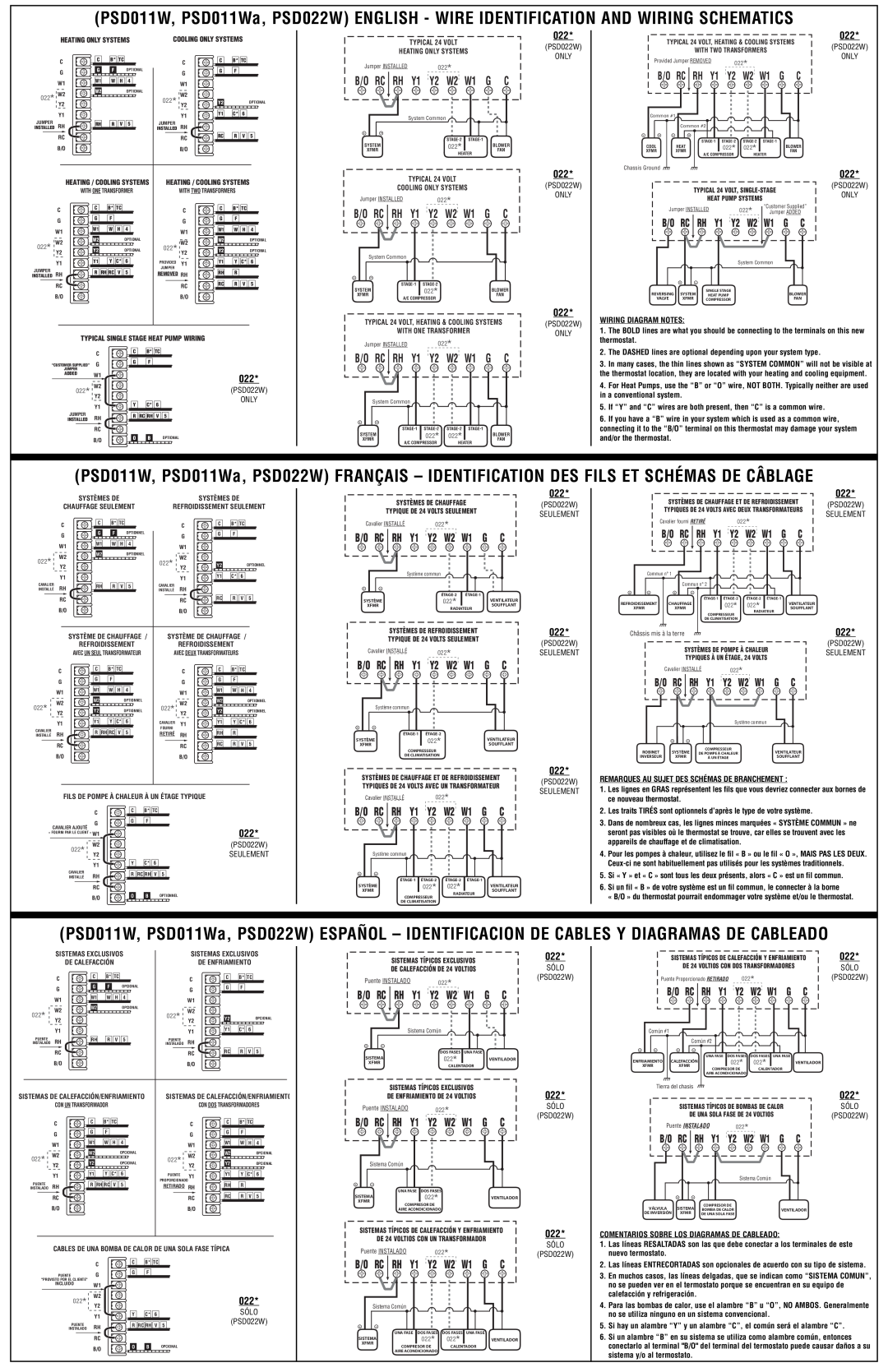 Lux Products PSD022W, PSD011WA instruction sheet Wiring Diagram Notes 