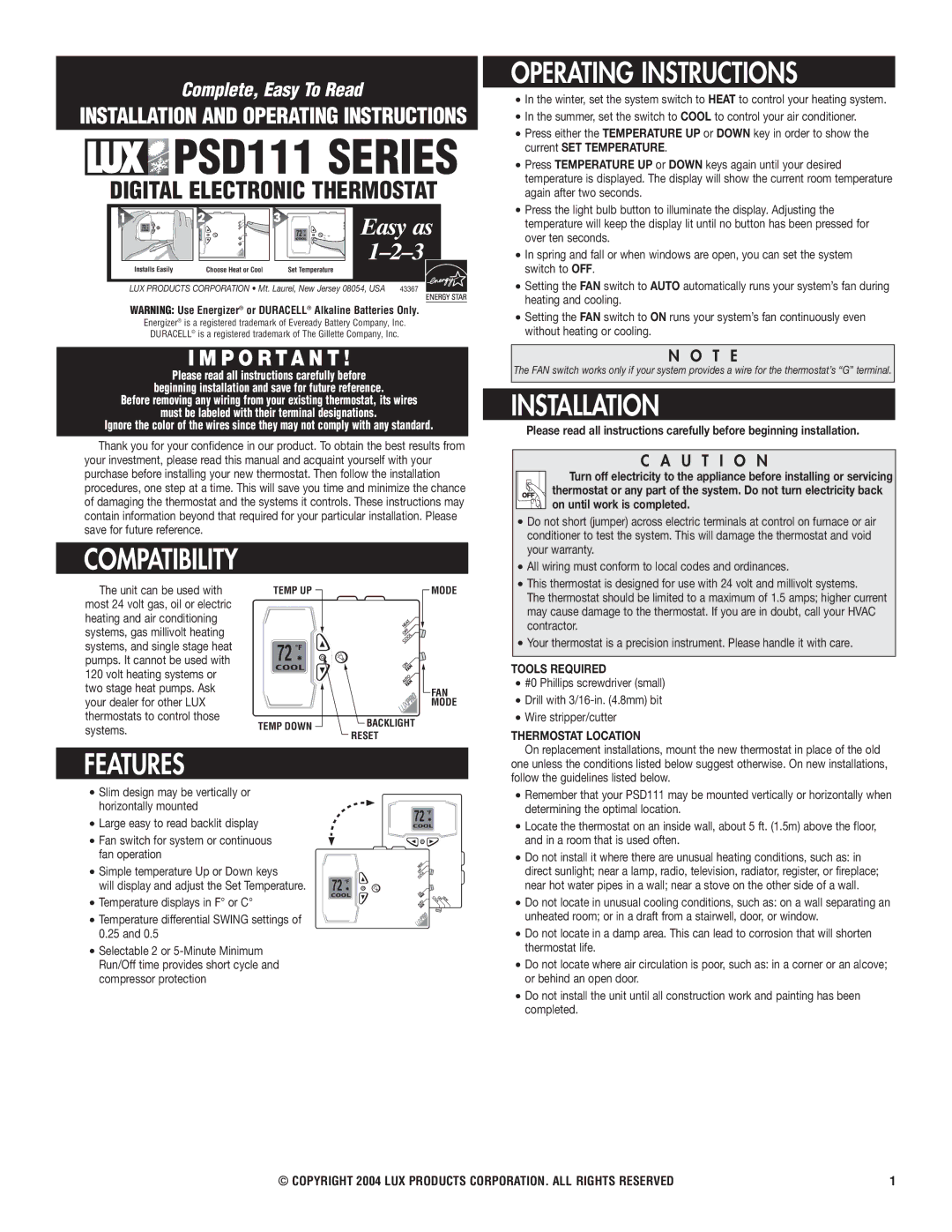 Lux Products PSD111 operating instructions Operating Instructions, Installation, Features, Tools Required 