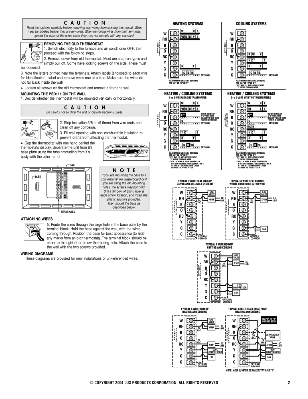 Lux Products operating instructions Mounting the PSD111 on the Wall, Attaching Wires, Wiring Diagrams 