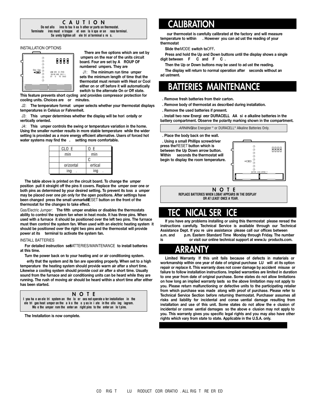 Lux Products PSD111 Calibration, Batteries/Maintenance, Technical Service Warranty, Installation Options 