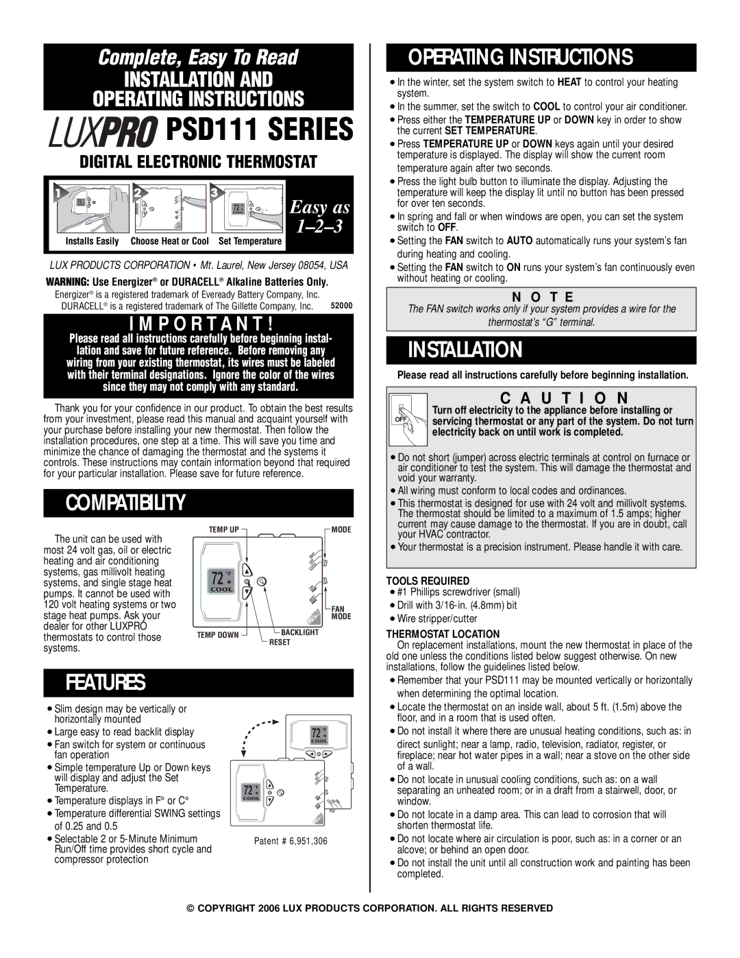 Lux Products PSD111 warranty Operating Instructions, Installation, Compatibility, Features 