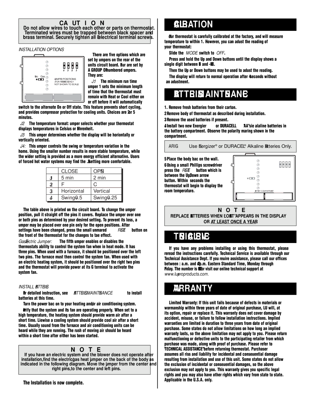 Lux Products PSD111 warranty Calibration, Batteries/Maintenance, Technical Service, Warranty 