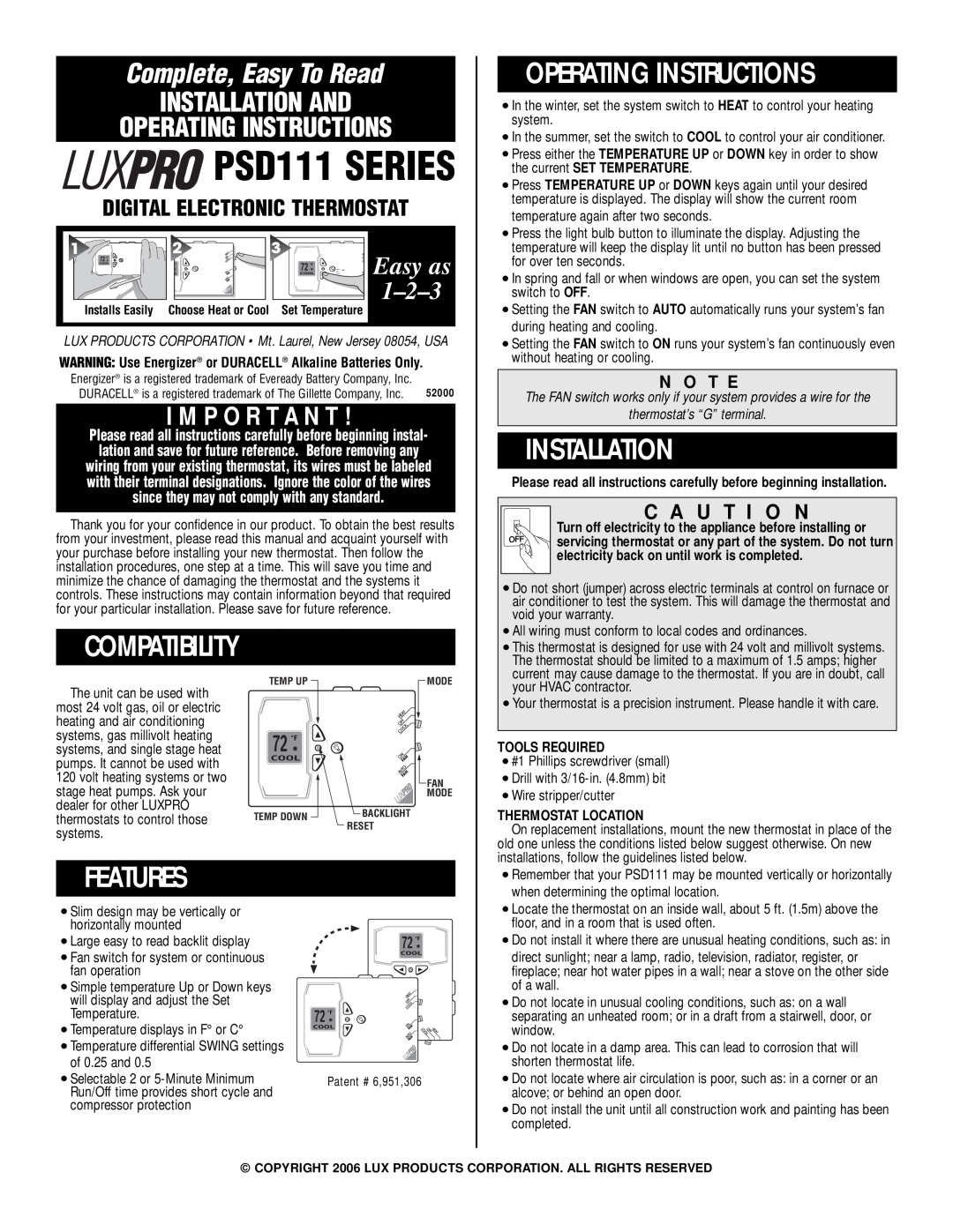 Lux Products PSD111 warranty Operating Instructions, Installation, Compatibility, Features, N O T E, Tools Required, 1-2-3 
