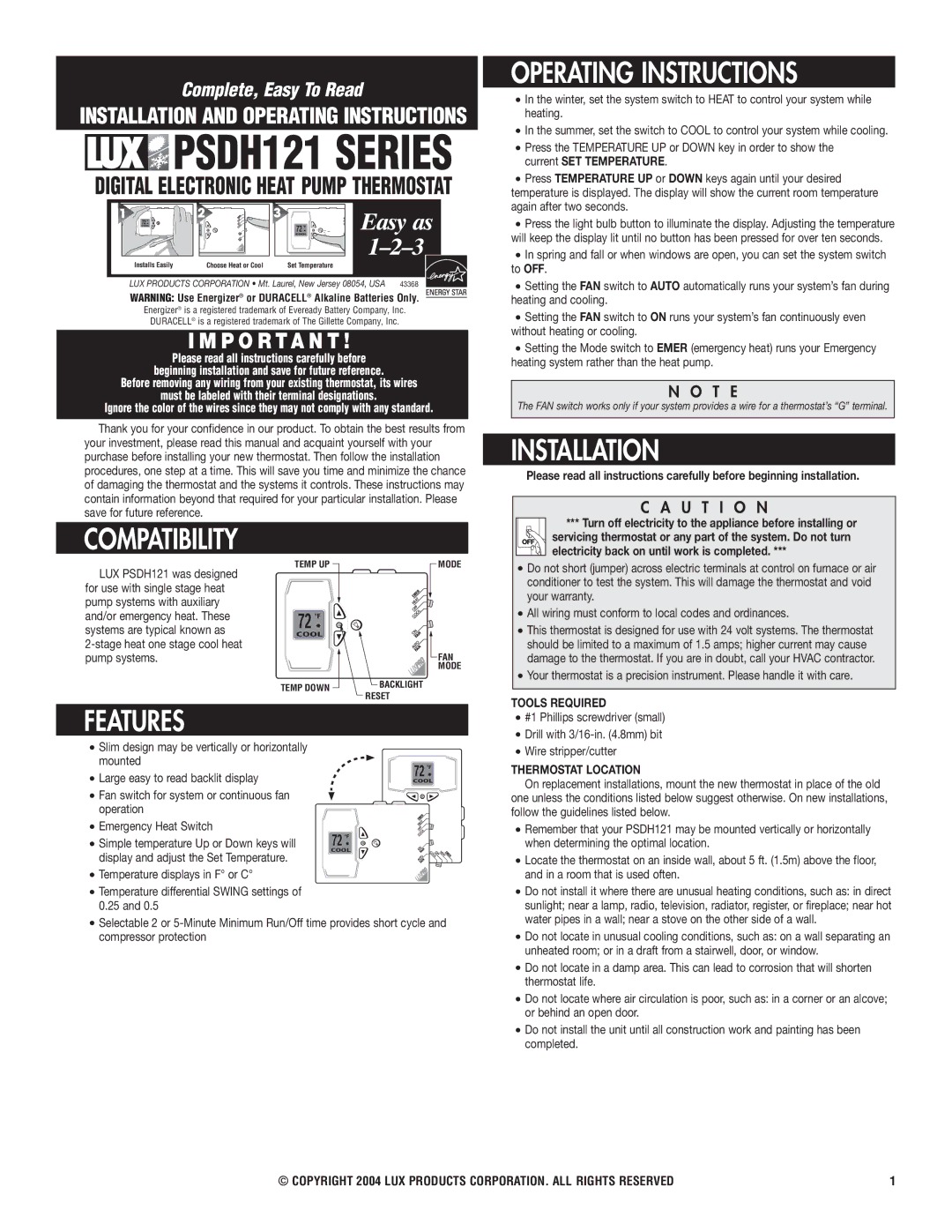 Lux Products PSDH121 warranty Operating Instructions, Installation, Compatibility, Features 