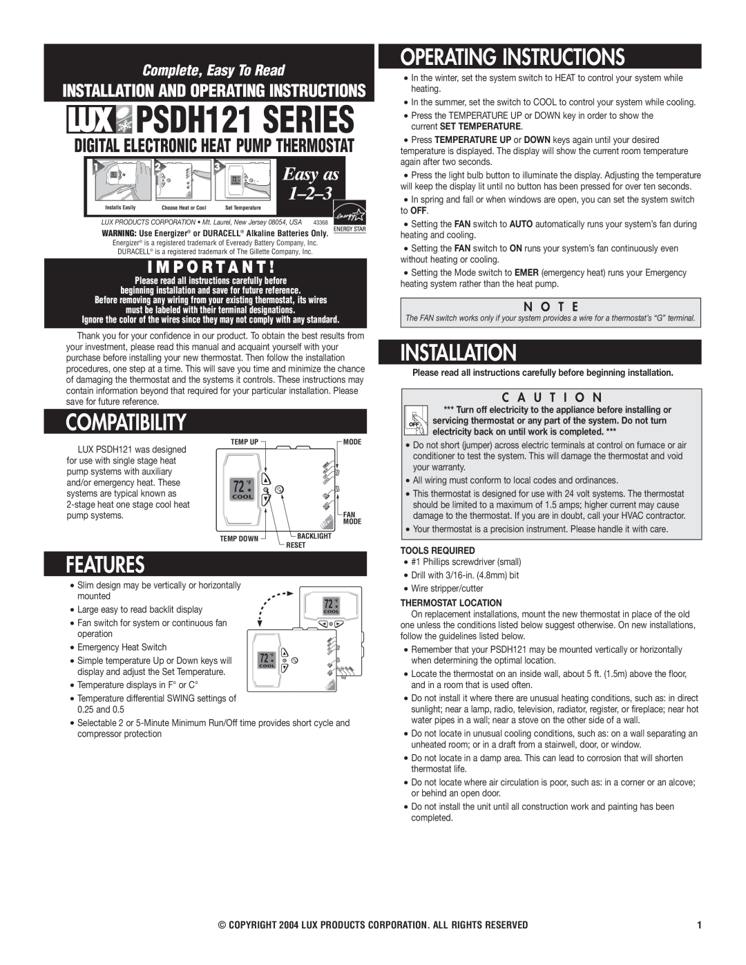 Lux Products PSDH121 warranty Operating Instructions, Installation, Compatibility, Features, N O T E, C A U T I O N, 1-2-3 