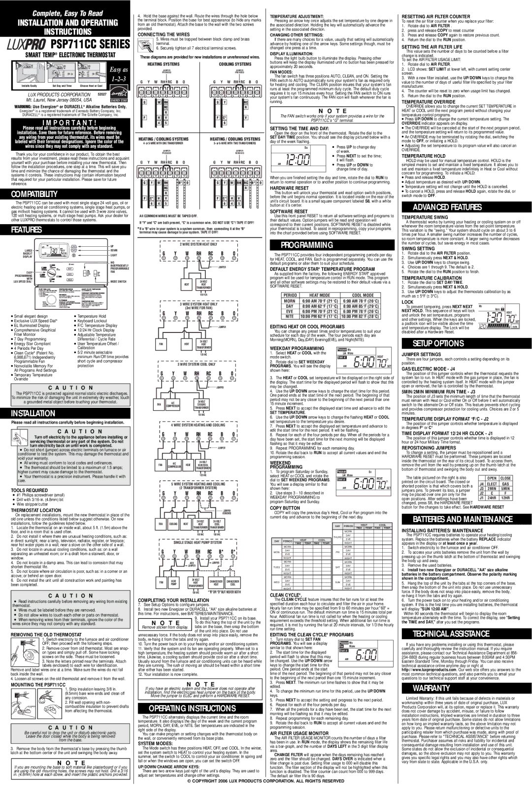 Lux Products PSP711CC Series warranty Tools Required, Thermostat Location, Removing the OLD Thermostat, Hardware Reset 