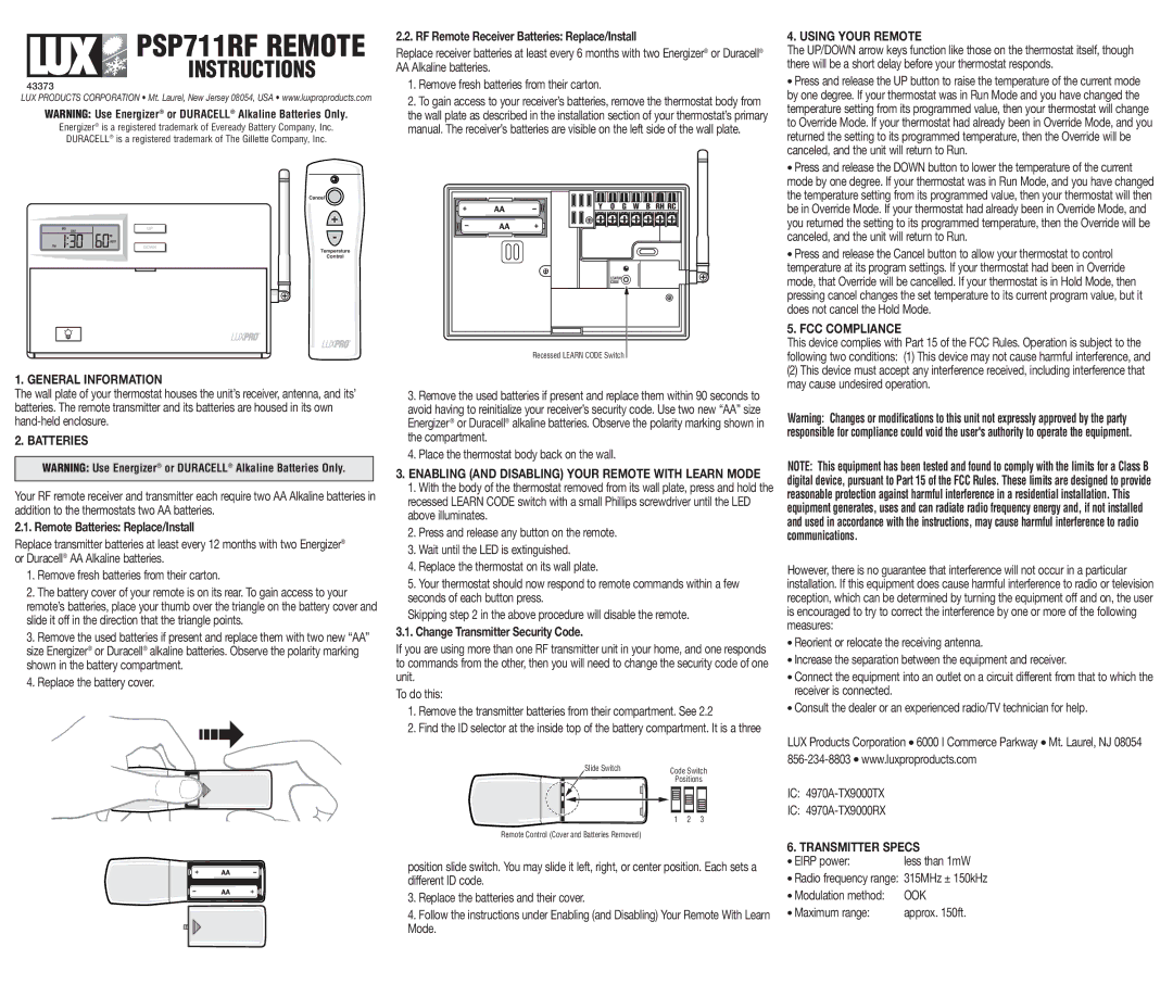 Lux Products PSP711RF manual General Information, Batteries, Using Your Remote, FCC Compliance, Transmitter Specs 