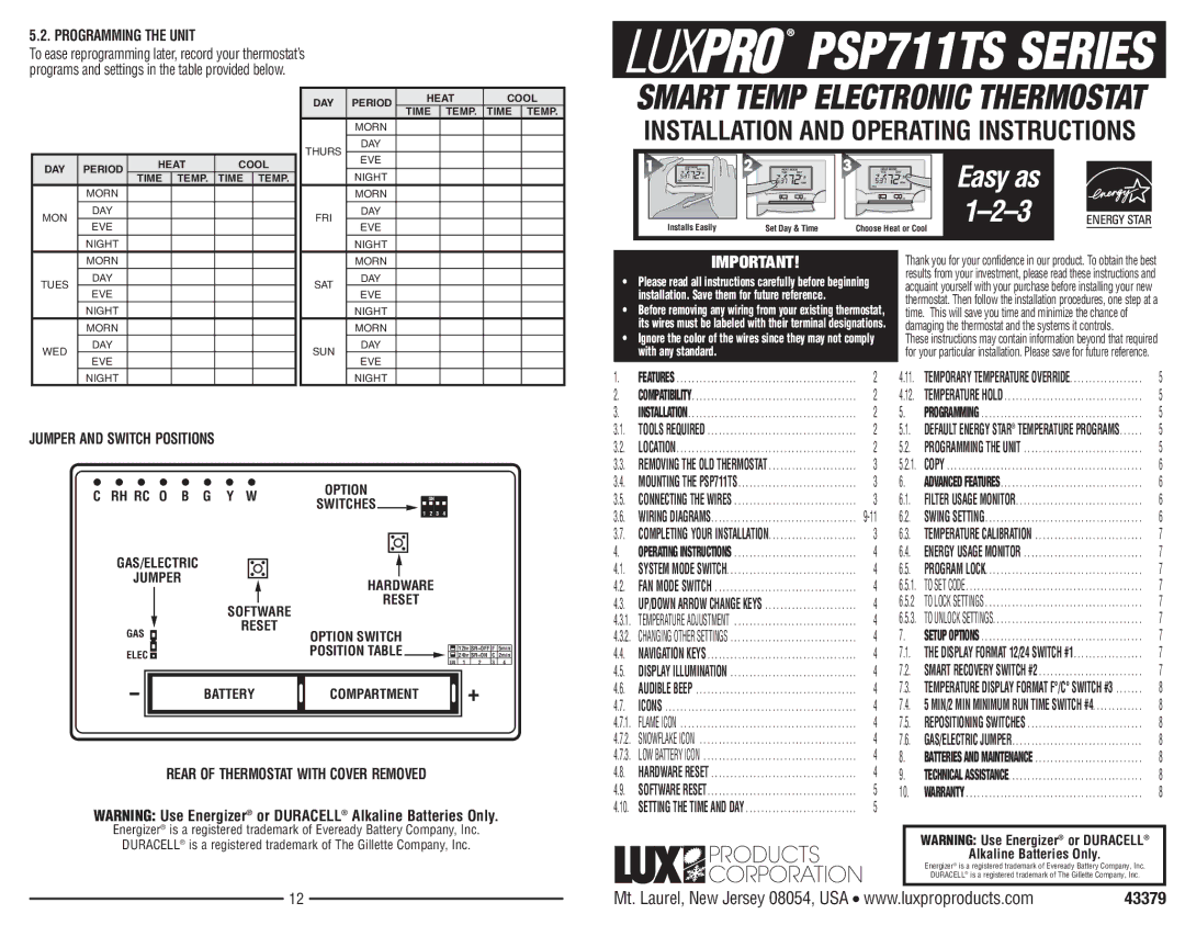 Lux Products PSP711TS warranty Programming the Unit, Jumper and Switch Positions, Rear of Thermostat with Cover Removed 