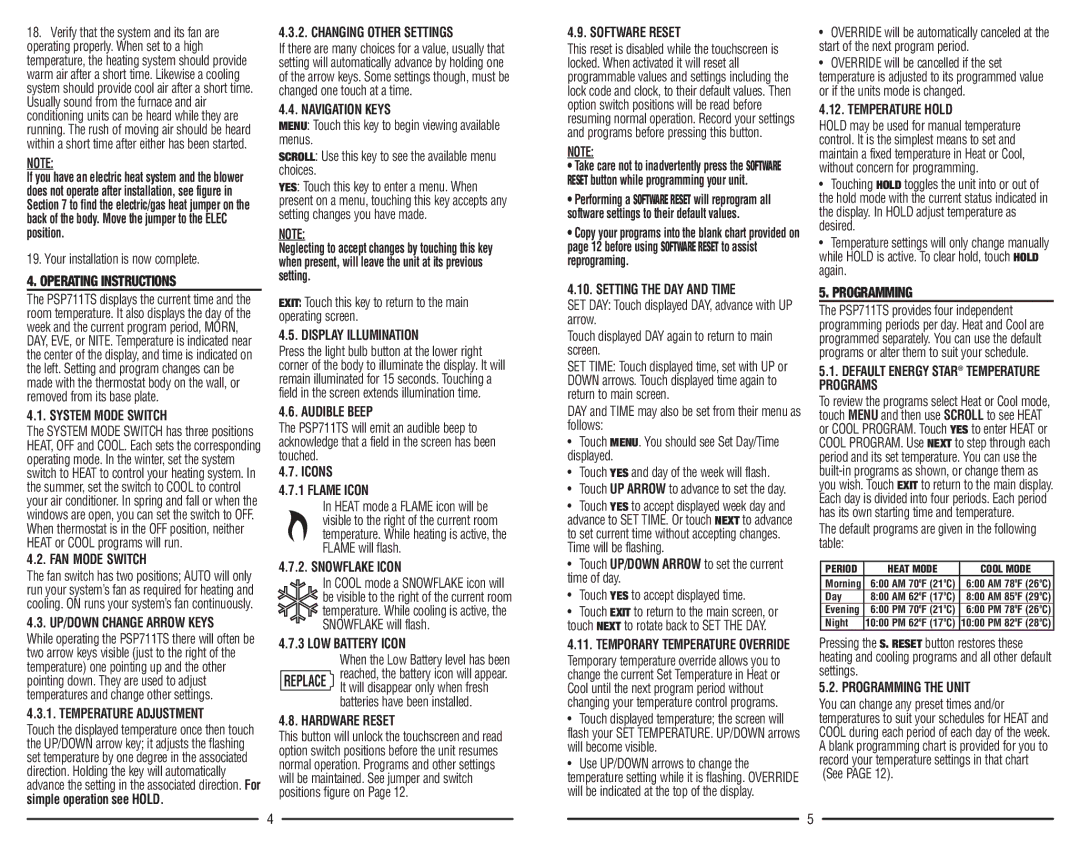 Lux Products PSP711TS warranty Operating Instructions, Programming 