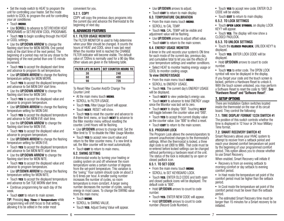 Lux Products PSP711TS warranty Advanced Features, Setup Options 