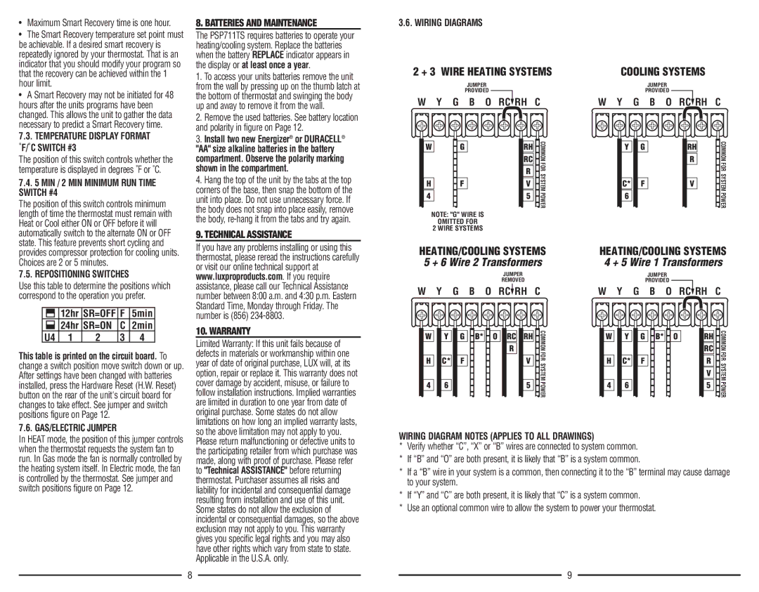 Lux Products PSP711TS warranty Batteries and Maintenance, Technical Assistance Warranty 