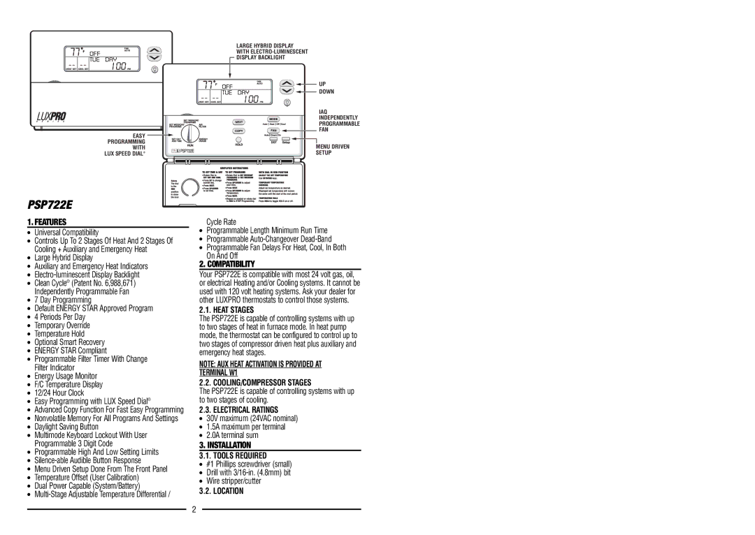 Lux Products PSP722E warranty Heat Stages, COOLING/COMPRESSOR Stages, Electrical Ratings, Tools Required, Location 