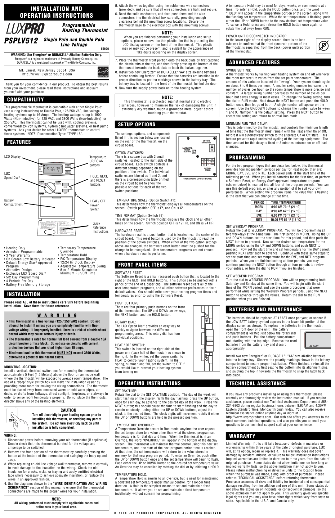 Lux Products PSPLV512 operating instructions Compatibility, Advanced Features, Setup Options, Programming, Installation 