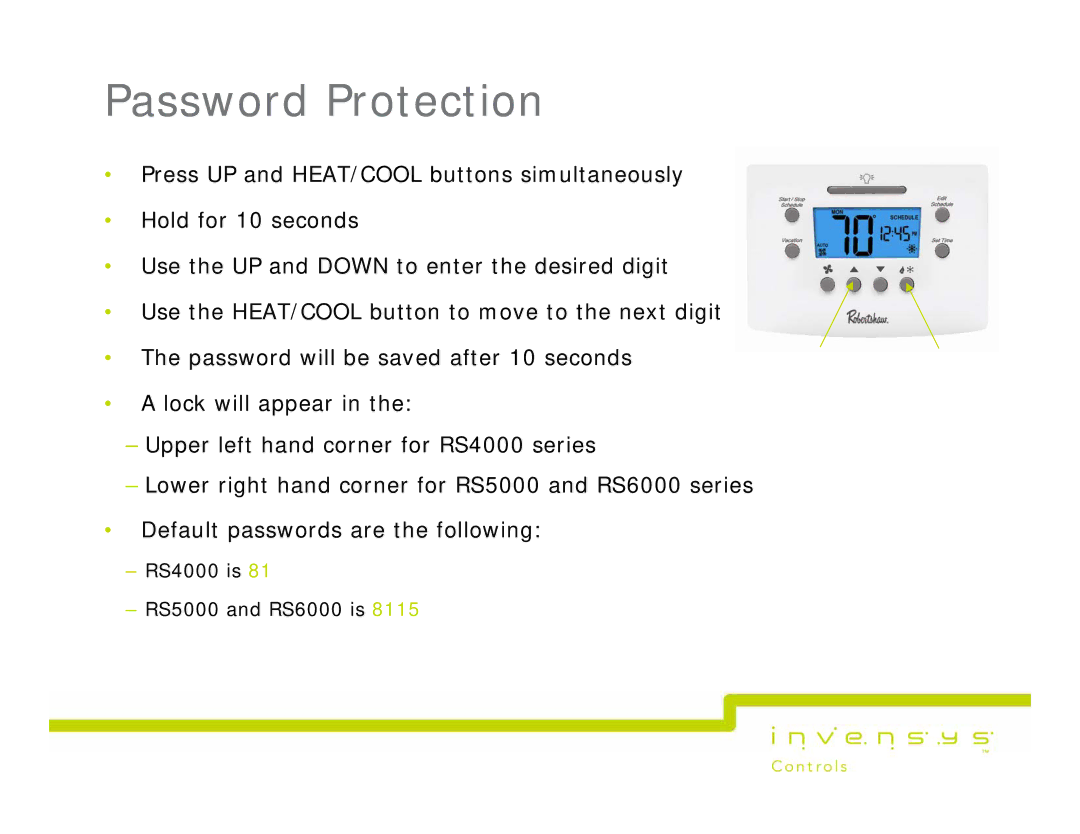 Lux Products RS5000, RS600, RS4000 manual Password Protection 