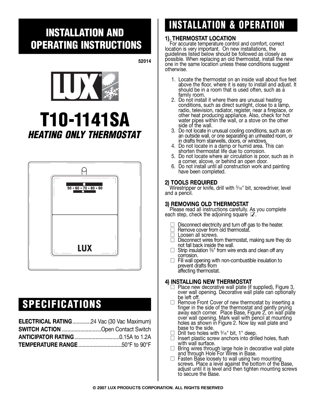 Lux Products T10-1141SA specifications Specifications, Installation & Operation 