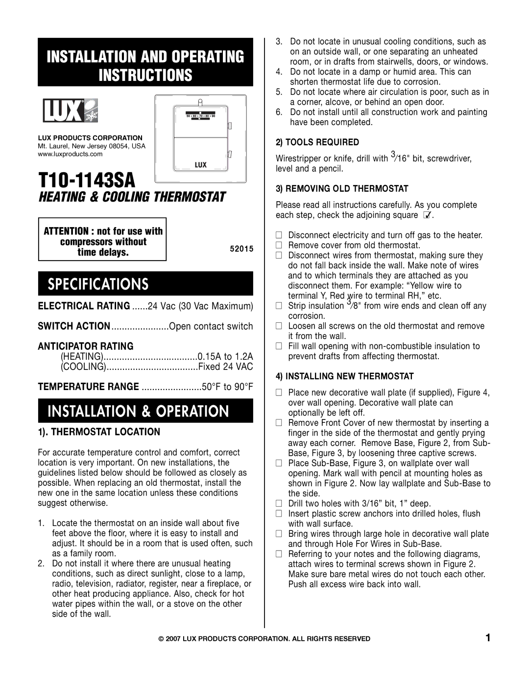 Lux Products T10-1143SA specifications Specifications, Installation & Operation 