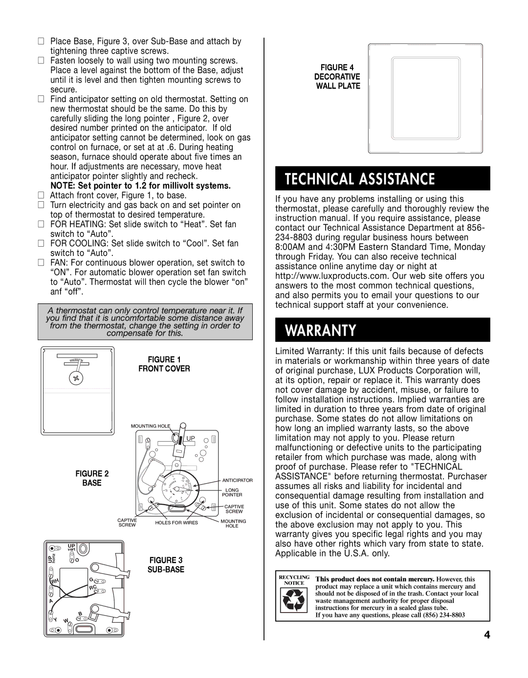 Lux Products T10-1143SA specifications Technical Assistance Warranty, Front Cover 