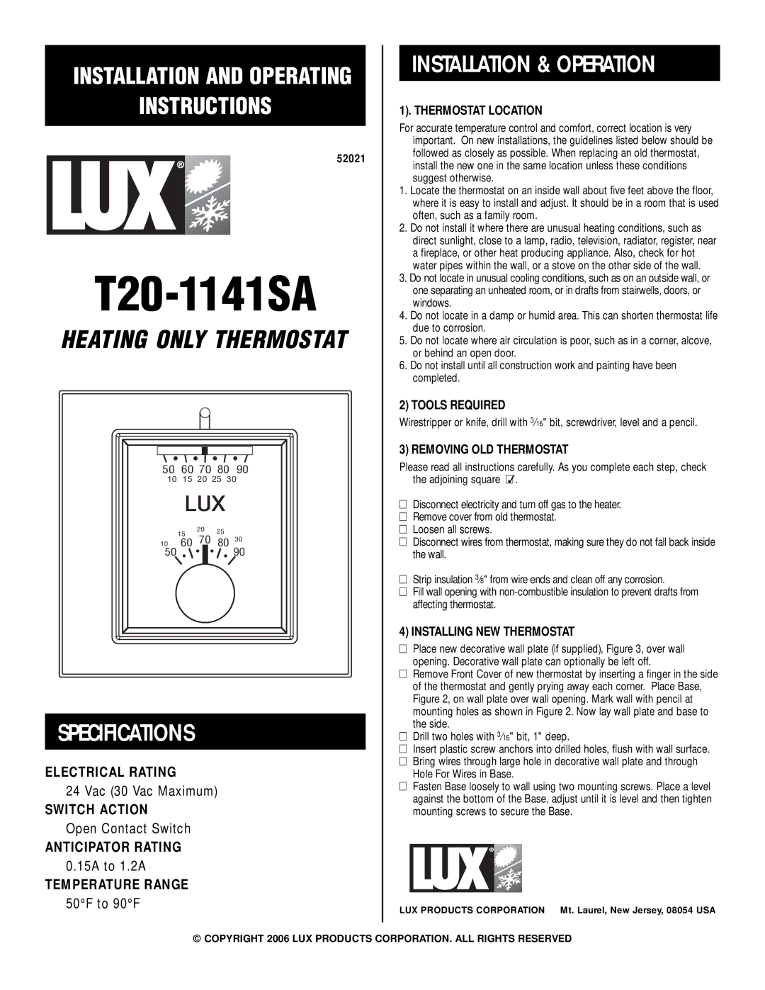 Lux Products T20-1141SA specifications Heating only Thermostat, Specifications, Installation & Operation 