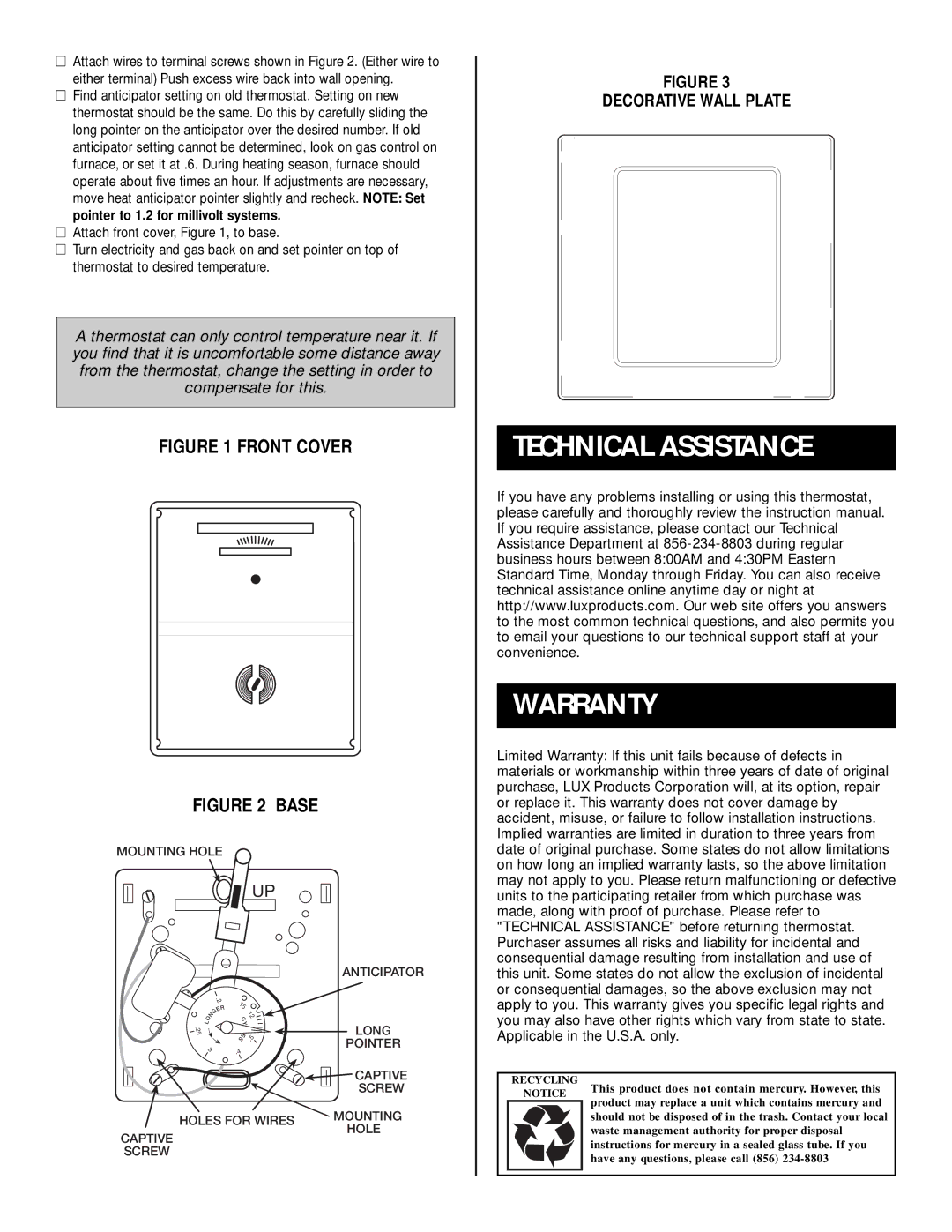 Lux Products T20-1141SA specifications Technical Assistance Warranty, Front Cover 