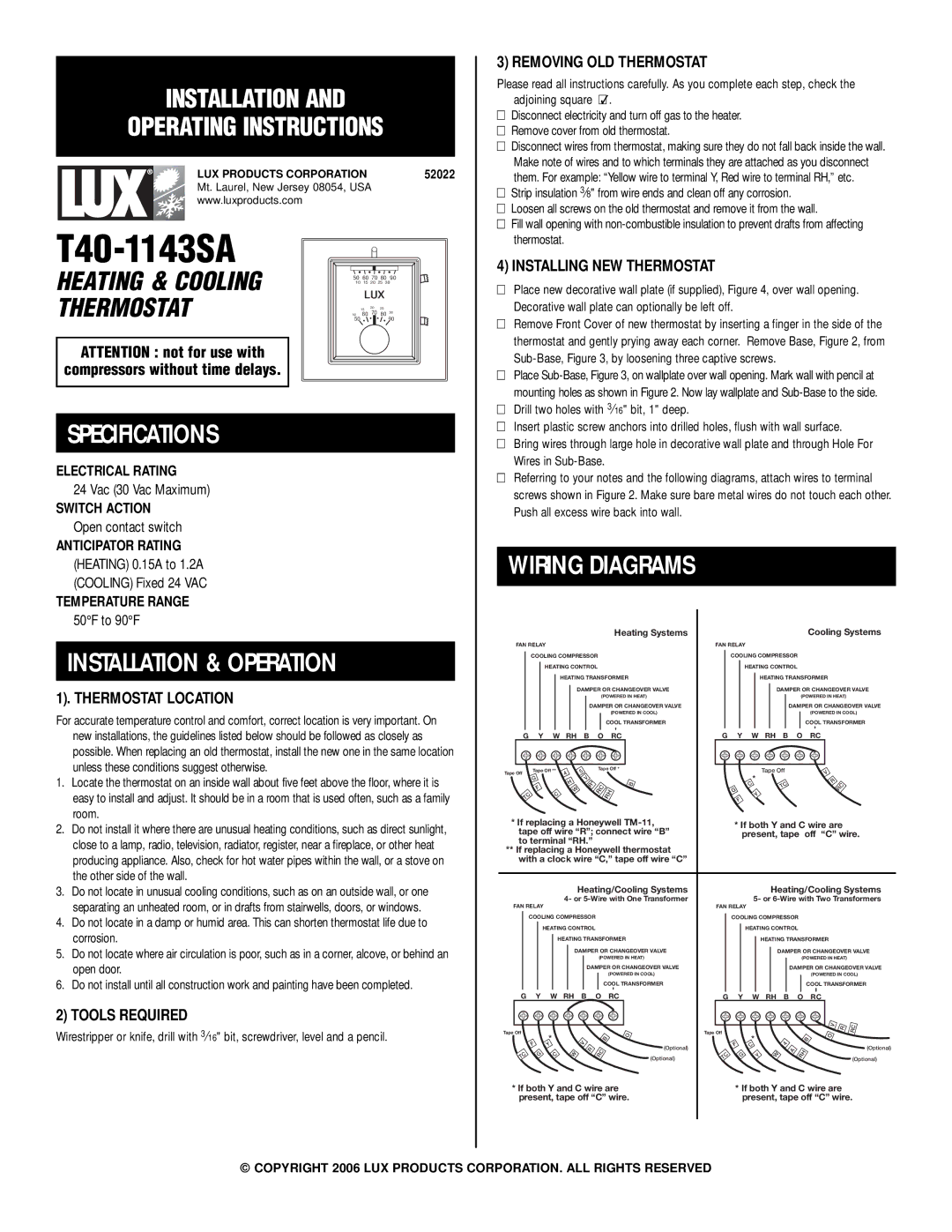 Lux Products T40-1143SA specifications Specifications, Installation & Operation, Wiring Diagrams 