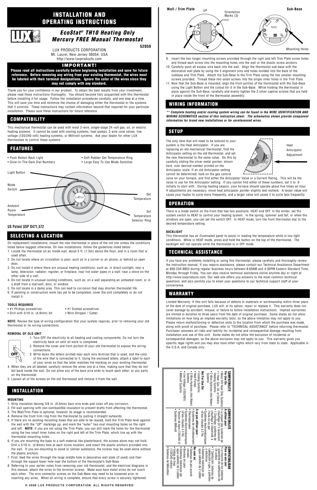 Lux Products TH10 warranty Compatibility, Features, Selecting a Location, Installation, Wiring Information, Setup 