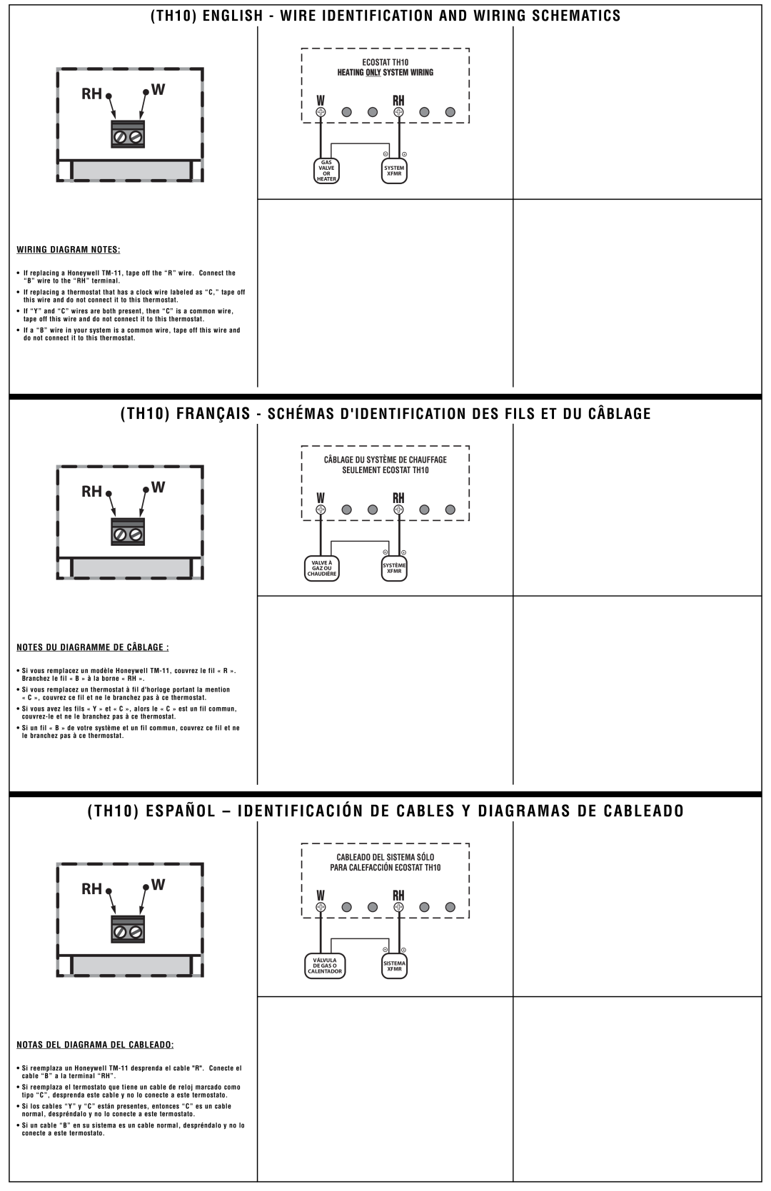 Lux Products Wiring Diagram Notes, Notes Du Diagramme De Câblage, Notas Del Diagrama Del Cableado, W Rh, ECOSTAT TH10 