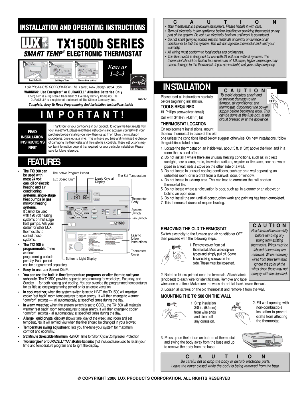 Lux Products TX1500 installation instructions Tools Required, Thermostat Location, Removing the OLD Thermostat 